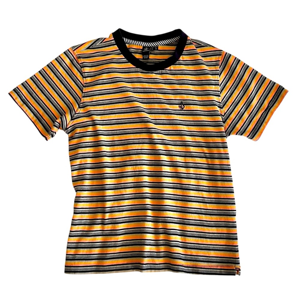 🔴3 for 15🔴 Volcom shirt shortsleeve crewneck striped black orange tan yellow S